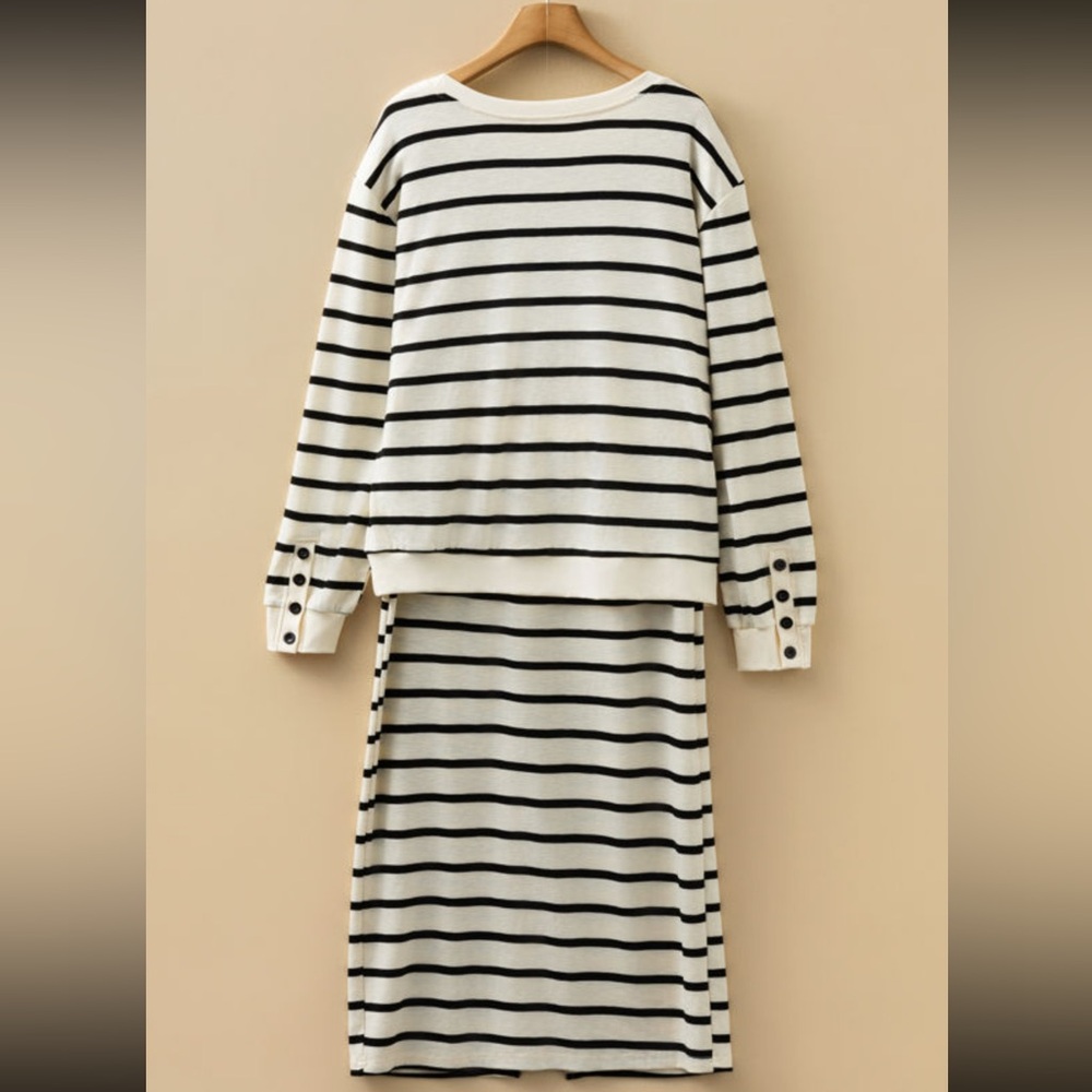 1068. Striped long sleeve & midi skirt set black cream - Picture 2 of 2